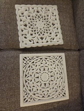 Set of 2 Carved Panels, Wall Art Decor in Teak, Light Whitewash Finish Farmhouse